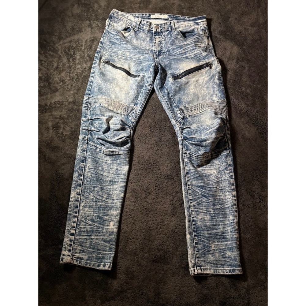 Jeanius by Akademiks Mens Blue Acid Wash Moto Biker Slim Fit Jeans Size 36x32